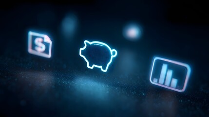 Holographic financial interface with spinning icons