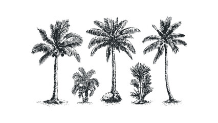 Fototapeta premium Collection of hand-drawn tropical palm trees variety in black and white sketch style. Vector hand drawn illustration