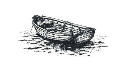 Detailed Sketch of an Old Wooden Rowboat Resting on a Sandy Shore. Vector hand drawn illustration