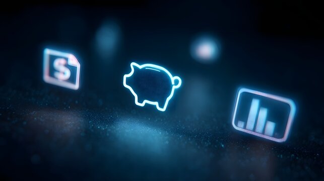 Holographic financial interface with spinning icons