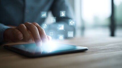 Tablet displaying financial strategy icons in a 3D holographic projection