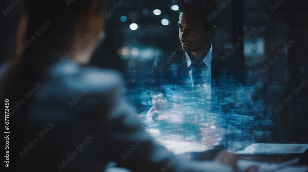 Poster financial advisor using holographic display to discuss portfolio with client