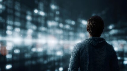 Tech investor analyzing holographic data in a futuristic urban environment