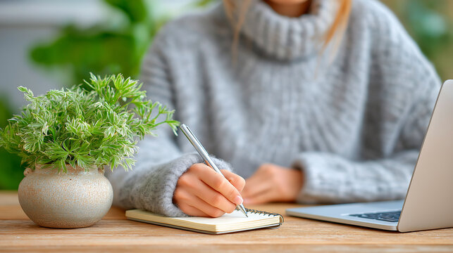 A woman in a cozy gray sweater writes in a notepad with a pen at a wooden desk with a laptop and potted plant, symbolizing focus, comfort, and modern work-from-home life. - Powered by Adobe