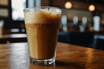 Cup of cappuccino with chocolate on table for breakfast coffee drink