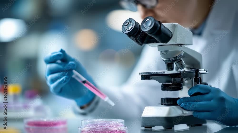Poster seated scientist at medium range injecting cellular material into decellularized lung tissue scaffol