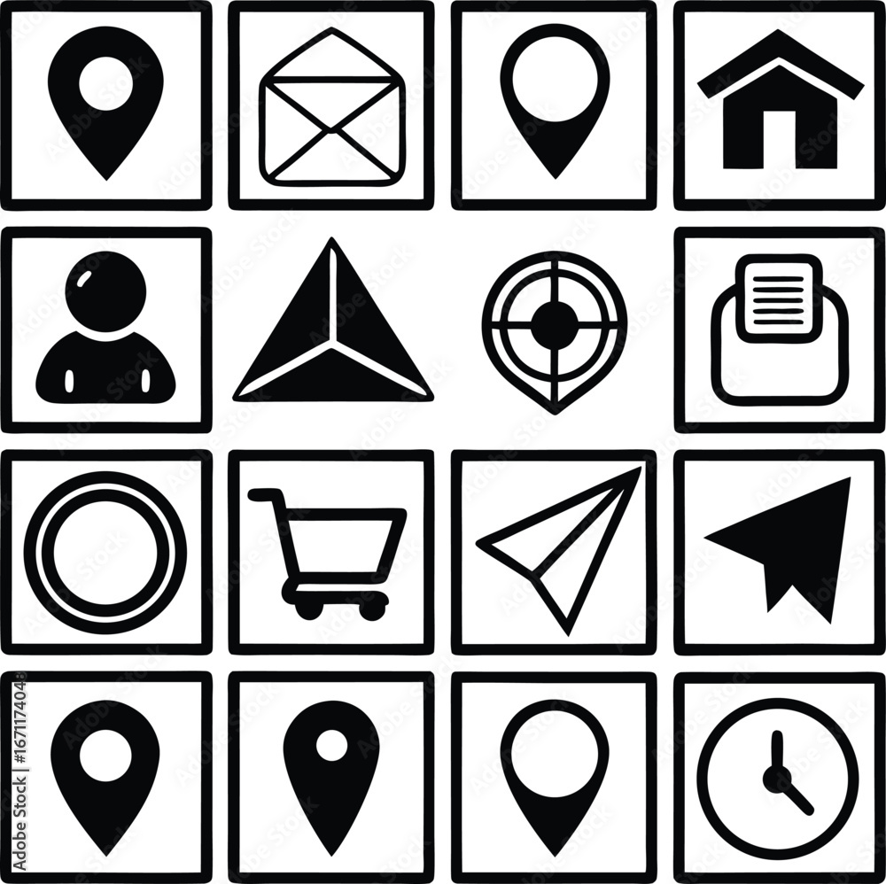Poster collection of 16 black and white geometric icons for digital interfaces featuring location maps mail