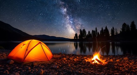 Illuminated Tent and Campfire Under Starry Night Sky by Lake.