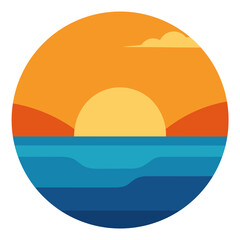Fototapeta premium Stylized flat design of a sunset over the ocean with layered blue water and orange sky