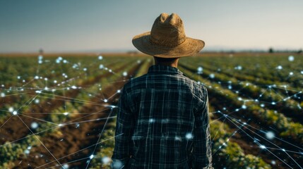 Farmer observing crops in field with digital connections visualized, data points symbolizing technology role in farming