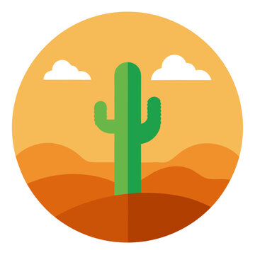 Stylized desert landscape with a saguaro cactus and rolling hills under a bright orange sky with fluffy white clouds