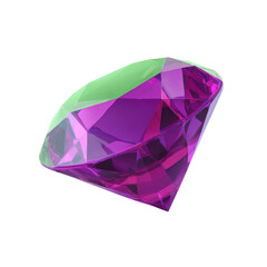 3D illustration of a multifaceted, vibrant purple and green diamond