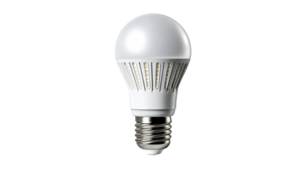 Modern LED light bulb with metallic screw base and white casing, cut out transparent