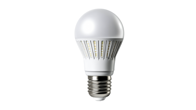 Modern LED light bulb with metallic screw base and white casing, cut out transparent