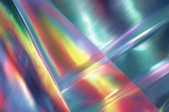 Abstract iridescent shapes, intersecting diagonal lines, vibrant colors