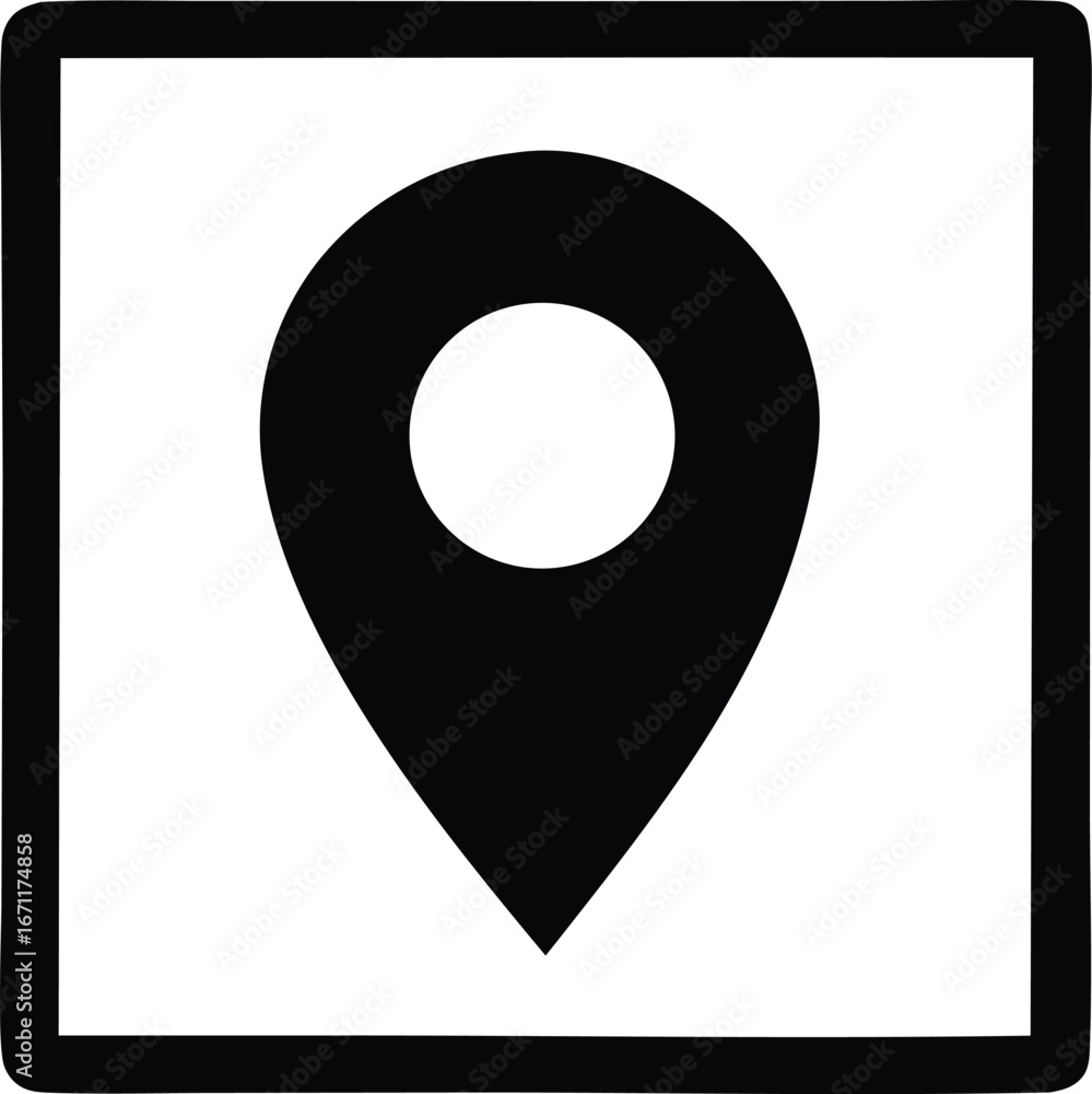Poster simple black and white location pin icon inside square frame perfect for navigation and map apps des