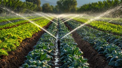 Large vegetable field being watered with sprinklers in sunlight