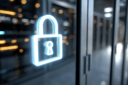 Glowing padlock protecting server room glass door, ensuring data security