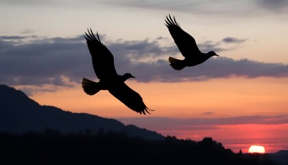 Fototapeta premium Two majestic birds silhouetted against a fiery sunset sky with clouds and landscape