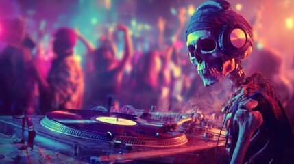 Skeleton DJ mixing music at Halloween party in colorful club  