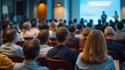 Rear view of blurred audience listens lecturer at public company workshop. Corporate professional coaching, academic convention concept