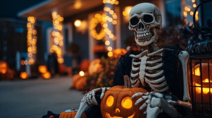 Skeleton with carved pumpkin on porch decorated for Halloween  