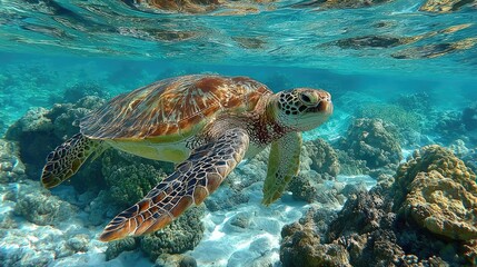 Obraz premium Sea turtle in shallow coral reef
