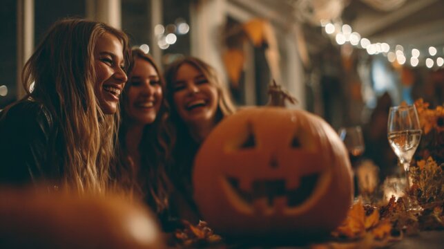 Halloween party with celebrating smiling friends, pumpkin and autumn decorations 