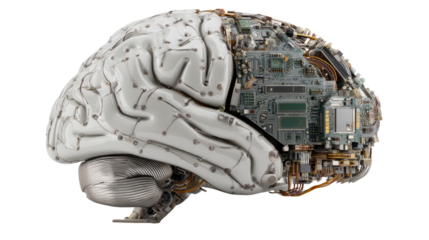 Futuristic cyborg brain with exposed circuitry and metallic elements, cut out transparent