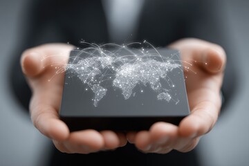 Hands holding a box, world map network graphic overlaid