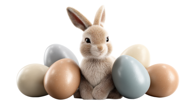 Fluffy bunny rabbit surrounded by colorful painted eggs for Easter celebration, cut out transparent