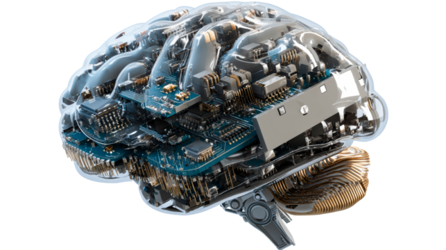 Transparent Mechanical Brain with Integrated Circuitry and Metallic Components, cut out transparent