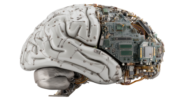 Futuristic cyborg brain with exposed circuitry and metallic elements, cut out transparent
