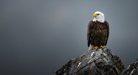 Majestic Bald Eagle Perched on a Mossy Rock Against a Grey Sky