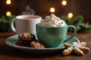 Cozy coffee with chocolate chip and Christmas cookies on a plate