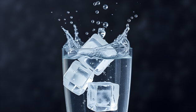 A clear glass of water with ice cubes falling on it and splashing water on the background, taken in macro.