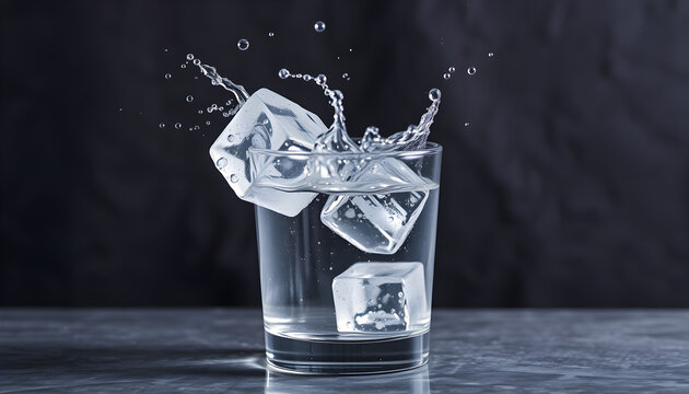 A clear glass of water with ice cubes falling on it and splashing water on the background, taken in macro.