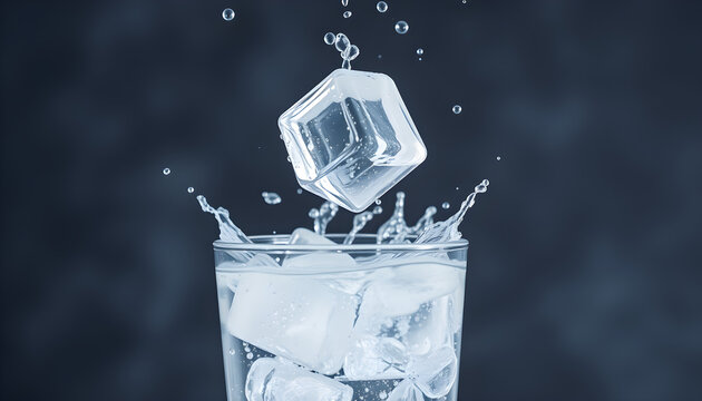 A clear glass of water with ice cubes falling on it and splashing water on the background, taken in macro.