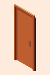 Isometric door. Isometric front door. Wooden closed door. Interior elements. Furniture elements. Isometric furniture