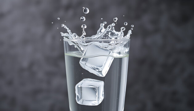 A clear glass of water with ice cubes falling on it and splashing water on the background, taken in macro.