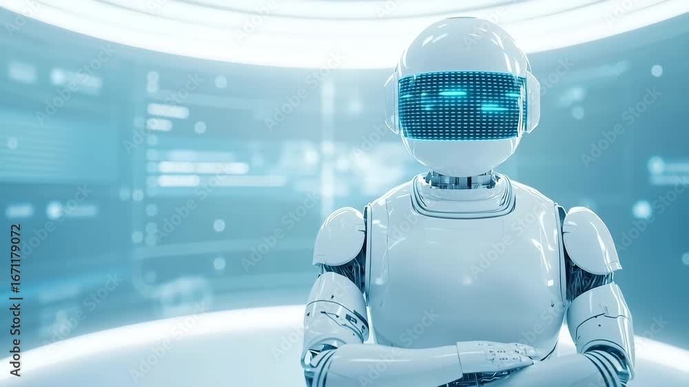 Aufkleber futuristic robot with digital face display modern technology laboratory, artificial intelligence