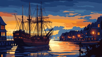 A historical sailing ship docks at a harbor with buildings illuminated by evening light