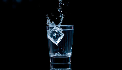 A clear glass of water with ice cubes falling on it and splashing water on the background, taken in macro.