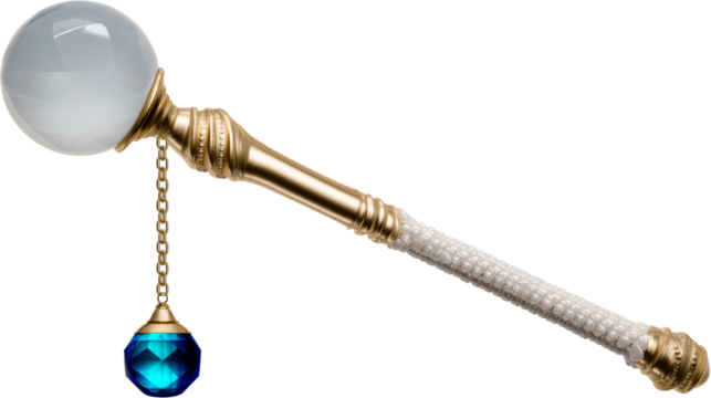 Ornate gold scepter with luminous orb and sapphire pendant, cut out transparent