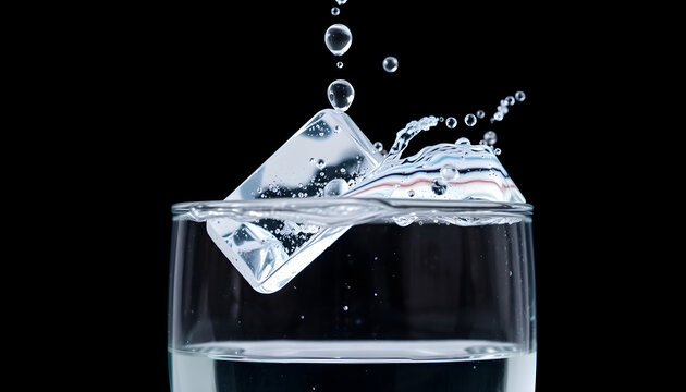 A glass of water with ice cubes falling on it and splashing water on the background, taken in macro.