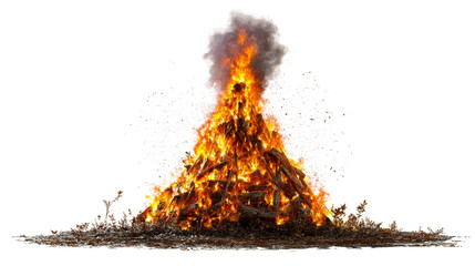 Large bonfire with roaring flames and dark smoke exploding upwards, cut out transparent