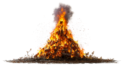 Large bonfire with roaring flames and dark smoke exploding upwards, cut out transparent