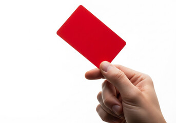 Close up of a hand holding a blank red card against a white background