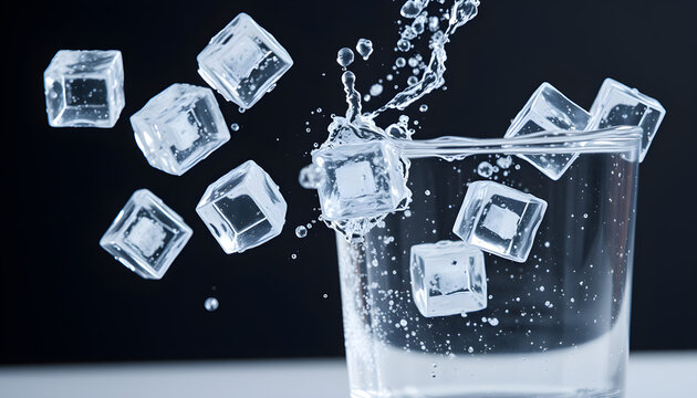 A glass of water with ice cubes falling on it and splashing water on the background, taken in macro.