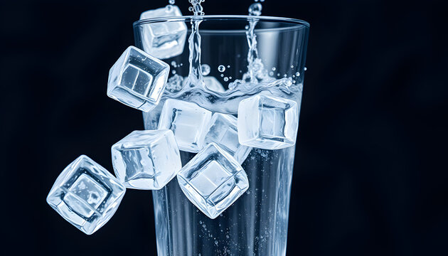 A glass of water with ice cubes falling on it and splashing water on the background, taken in macro.